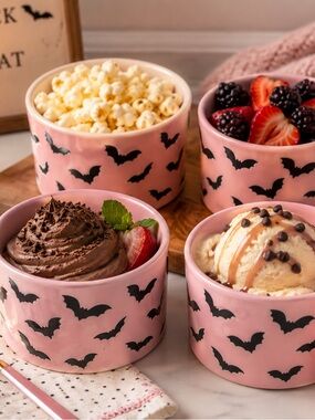 The Bake Shop Pink Black Bat Halloween Ramekins Set of 4